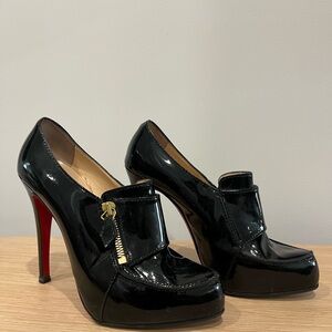 Christian Louboutin Black Patent Zip-Accent Platform Heeled Loafer Boots